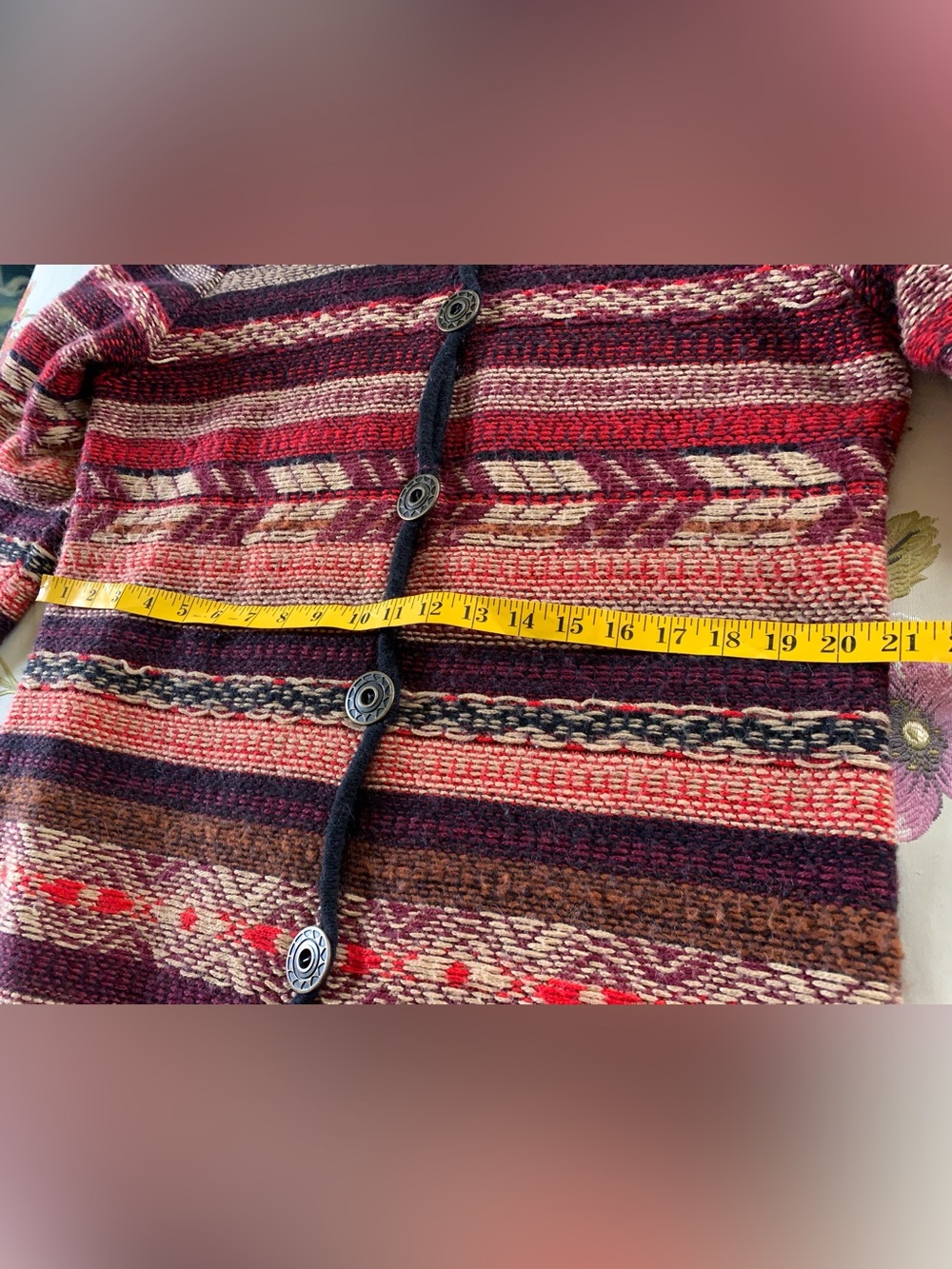Vintage Boho Nepal-inspired Cardigan Sweater w Leather Belt & Faux Fur Hood - Picture 14 of 16